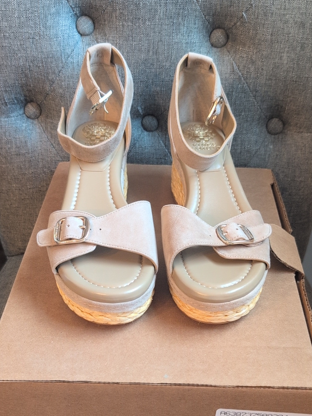 Vince Camuto Beige Suede Wedge Sandals with Ankle Strap